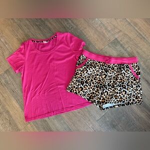 LuLaRoe Pink Top and Leopard Print Shorts Set